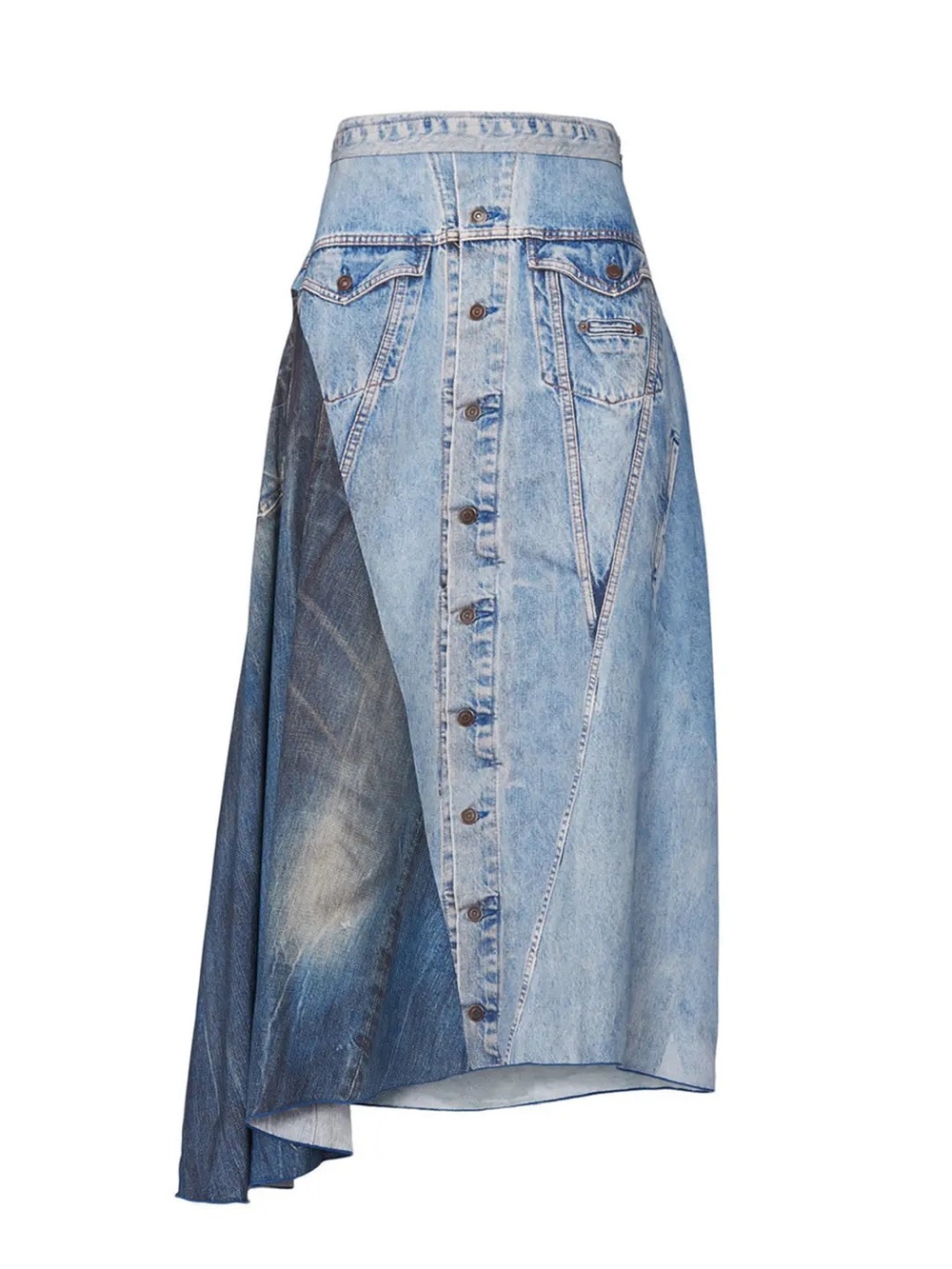 Colovos Silk Light Wash Asymmetric Denim print Midi Skirt